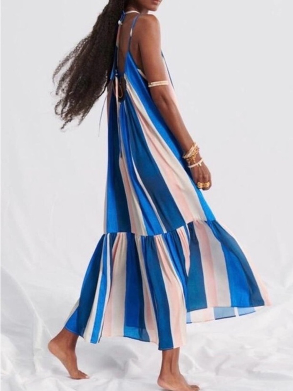 Lemlem Blue and Pink Striped Tie-Shoulder Maxi Dress